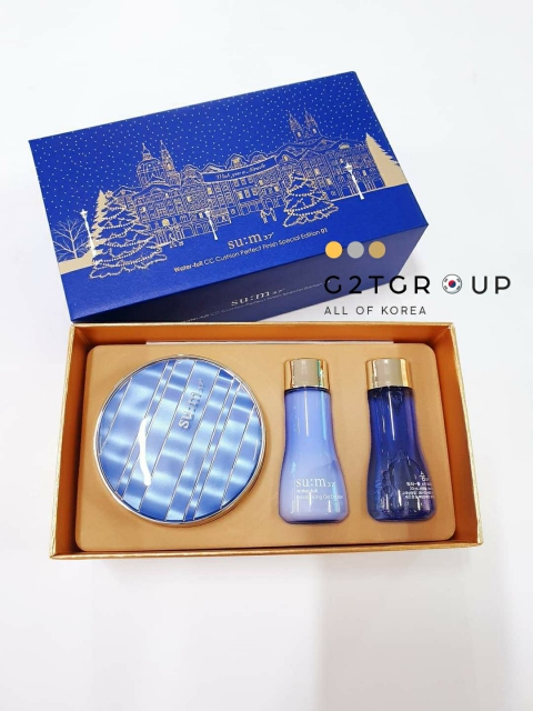 Bộ phấn nước Su:m37 Water Full 1 hộp tặng 2 lõi kèm và nước hoa hồng, sữa dưỡng